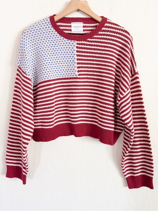 Soho & Stella Sweaters - Soho & Stella American Flag Cropped Boxy Cotton Sweater Large Red White Blue